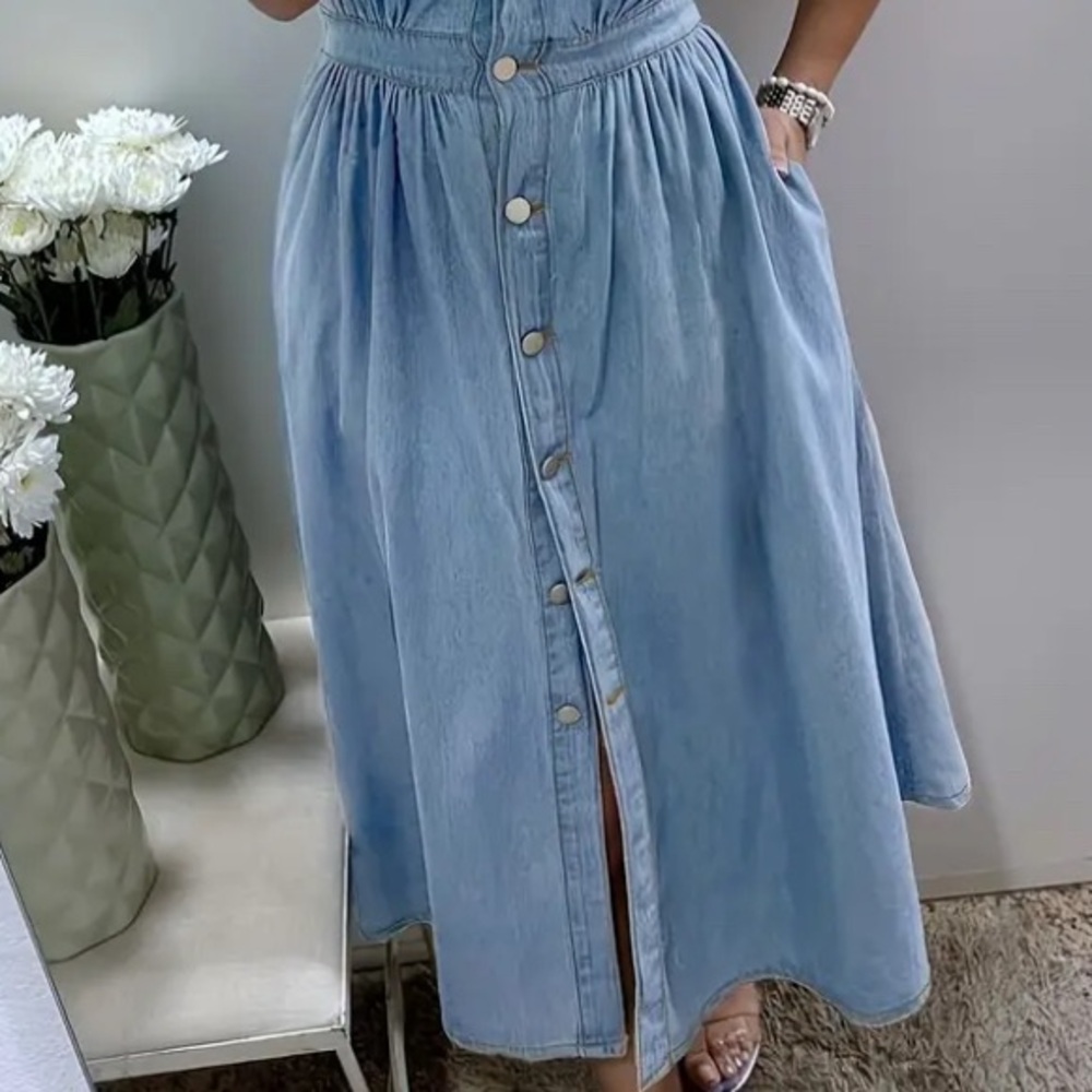 Denim Button-Up Shirt Dress with Pockets - Picture 4 of 5